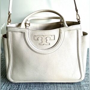 🌷 Tory Burch Cream Pebbled Leather Tote Logo Satchel Crossbody